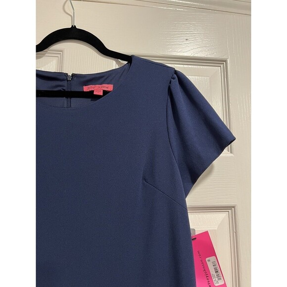Betsey Johnson Classic Ruffle Hem Puff Sleeve Sheath Dress Navy Blue Size 14 - Picture 3 of 6